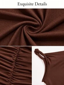 SOLERSUN Autumn/Winter Women's Party Dress, Brown Elastic Fabric, Asymmetrical Shoulder Twisted Knot, Hip Ruched Twist, Front Side Slit, Extra Long Dress - Coffee Brown - View 8