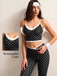 VARSIVA Women's Polka Dot Print Camisole Top And Criss-Cross Waist Contrast Color Long Pants Sports Set - Black and White - View 2