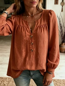 Linhara CURVE Plus Size Women's Woven Casual Long-Sleeved Autumn Shirt Fall - Orange - View 4