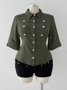 Sunspun Women Plus Size Army Green Utility Shirt, Fashion Button Decor Lapel Collar Blouse, Versatile Commute Mid Sleeve Shirt Top Fall - Army Green - View 5