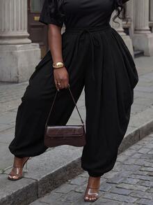Slaydiva Plus Size Women's Pants, Olive Drawstring Side Draped Cuffed Harem Trousers Fall - Black - View 9