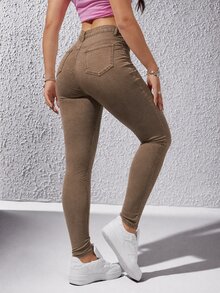SHEIN ICON 女款修身休閒百搭牛仔褲，附口袋 - 棕色 - 查看 2
