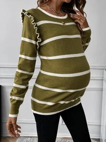 SHEIN 孕婦條紋圓領長袖拼接荷葉邊休閒毛衣 - 綠色 - 查看 6