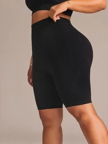 SHEIN Rhythm Era Women's Plus Size Solid Color High Waist Daily Fitness Sports Shorts - Black - View 7