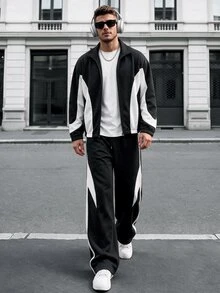 Manfinity CasualCool Men's Black & White Colorblock Jacket Set, Patchwork Contrast Fashion Versatile Style Suitable For Daily Streetwear, Also Ideal Gift For Boyfriend Or Husband - Multicolor - View 1