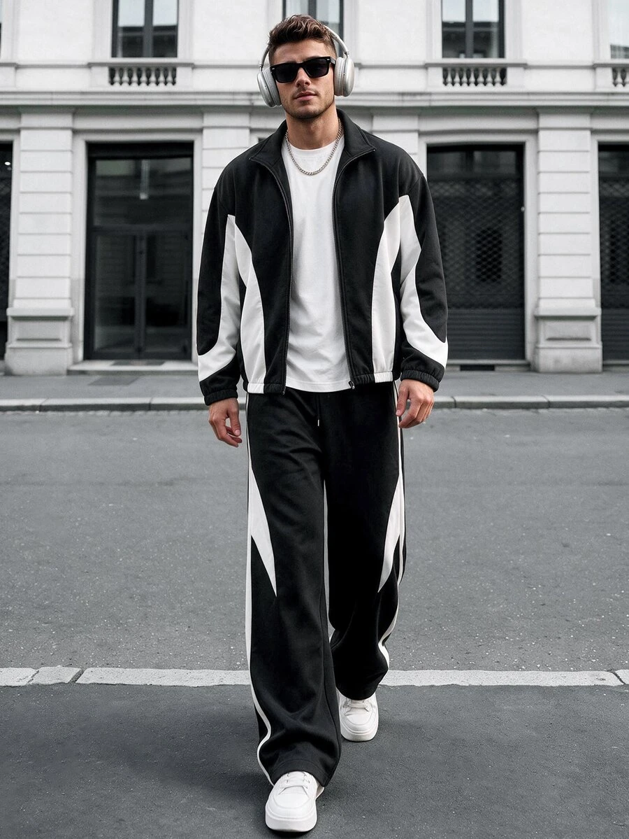 Manfinity CasualCool Men's Black & White Colorblock Jacket Set, Patchwork Contrast Fashion Versatile Style Suitable For Daily Streetwear, Also Ideal Gift For Boyfriend Or Husband - Multicolor - View 1
