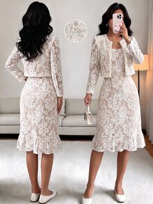 Rafferiza 女款秋冬優雅仿蕾絲印花西裝背心荷葉邊洋裝社交兩件套，日常、通勤、商務專業、派對、秋季 - 杏色 - 查看 1