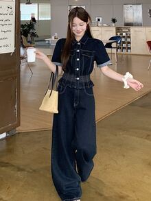 Dazy Tall Women's Short Sleeve Denim Top & Loose Straight Leg Pants Casual Denim Two Pieces Set - Dark Wash - View 5