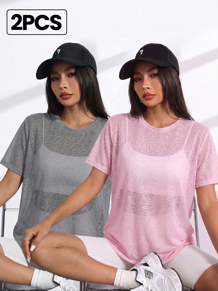 SHEIN Velisys 女款純色圓領短袖日常健身運動T恤 - 彩色 - 查看 1