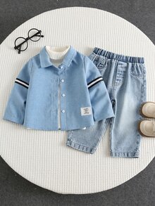 SHEIN 男嬰牛仔襯衫套裝，秋冬新款長袖襯衫與休閒水洗牛仔褲2件套，百搭外穿，寬鬆極簡休閒風 - 白色 - 查看 3