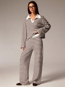 Athîral Women's Striped Drop Shoulder Long Sleeve T-Shirt And Pants Casual 2 Pieces Set - Multicolor - View 5