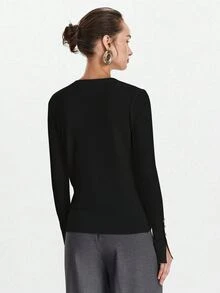 SHEIN Tall Crew Neck Slim Fit Versatile Button Detail Long Sleeve Knit Pullover Sweater - Black - View 2
