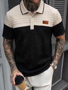EGENSIO 男士高級鑽石格紋短袖 Polo 衫，配對比領口與肩部皮革貼片，百搭日常通勤上衣 - 黑色 - 查看 3