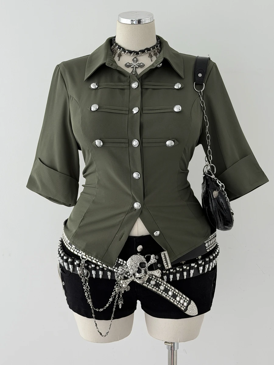 Sunspun Women Plus Size Army Green Utility Shirt, Fashion Button Decor Lapel Collar Blouse, Versatile Commute Mid Sleeve Shirt Top Fall - Army Green - View 1