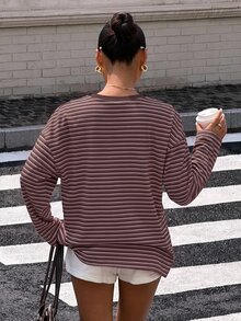 Muchica 休閒極簡棕色條紋圓領長袖寬鬆上衣，適合夏季、秋季，完美適用於日常通勤、聚會、秋冬春夏、聖誕節、新年、感恩節、派對、婚禮、海灘、畢業典禮、優雅出遊、約會、通勤、情人節、度假、Y2K及更多場合 - 彩色 - 查看 2