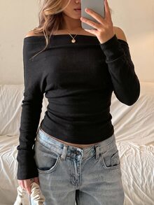SHEIN 青少年女孩休閒不對稱肩扭結純色針織長袖T恤，日常通勤內搭層 - 黑色 - 查看 3