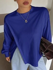 Dazy Plus Small Round Neck Solid Color Casual Versatile Side Slit Design Long Sleeve White Spring Summer Autumn T-Shirt - Royal Blue - View 4