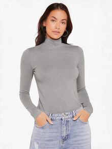 SHEIN BASICS 女款高領長袖羅紋針織修身T恤上衣，黑色 - 淺灰色 - 查看 4
