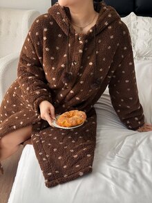 SHEIN Jubah Panjang Wanita Berkerudung Motif Polkadot Dua Sisi Bahan Fleece Musim Gugur/Dingin - Coklat - View 6