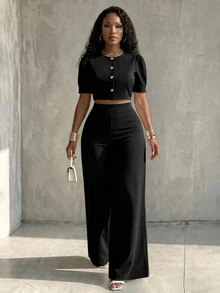 Eryvara Women's New Solid Color Summer Casual Vacation Round Neck Petal Sleeve Blouse & Loose Long Pants Two Pieces Set - Black - View 3