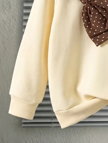 SHEIN 女童秋冬保暖抓絨甜美圓點大蝴蝶結裝飾休閒套頭衛衣 - 米色 - 查看 6