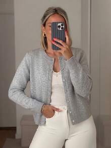 SHEIN Revavyn Women's Cardigan Fitted Knit Crew Neck Single Breasted Ribbed Cuffs Elegant Casual Old Money Grey Solid Fall Clothes For Women Fall - Light Grey - View 7