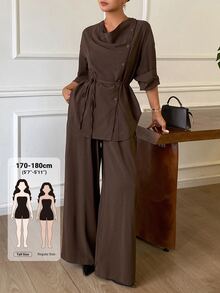 Dazy Tall Women's Solid Color Pleated Top And Pants Casual Daily 2 Pieces Set - Brown - View 1