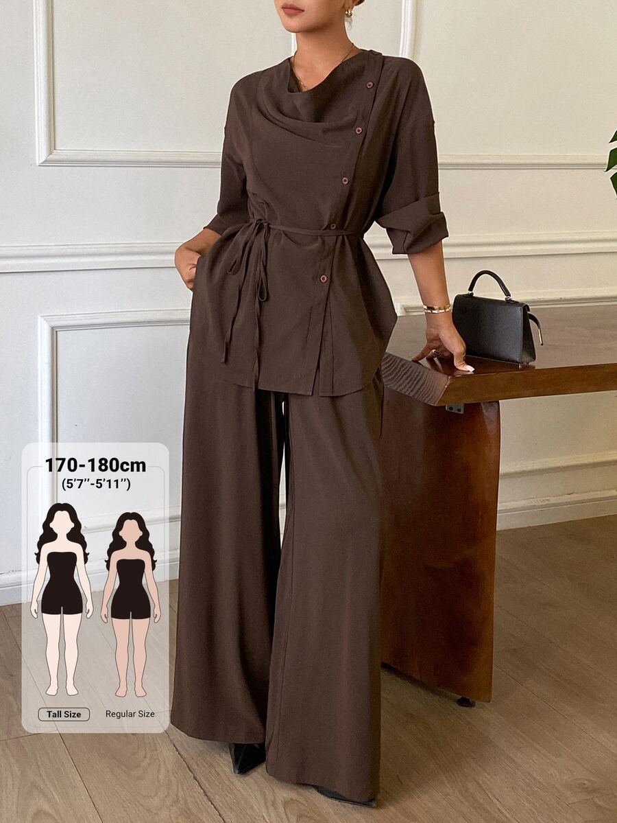 Dazy Tall Women's Solid Color Pleated Top And Pants Casual Daily 2 Pieces Set - Brown - View 1