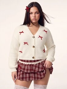 Comfortcana Plus Size Women's Bow Decor Long Sleeve Single-Breasted Knit Cardigan - Beige - View 10