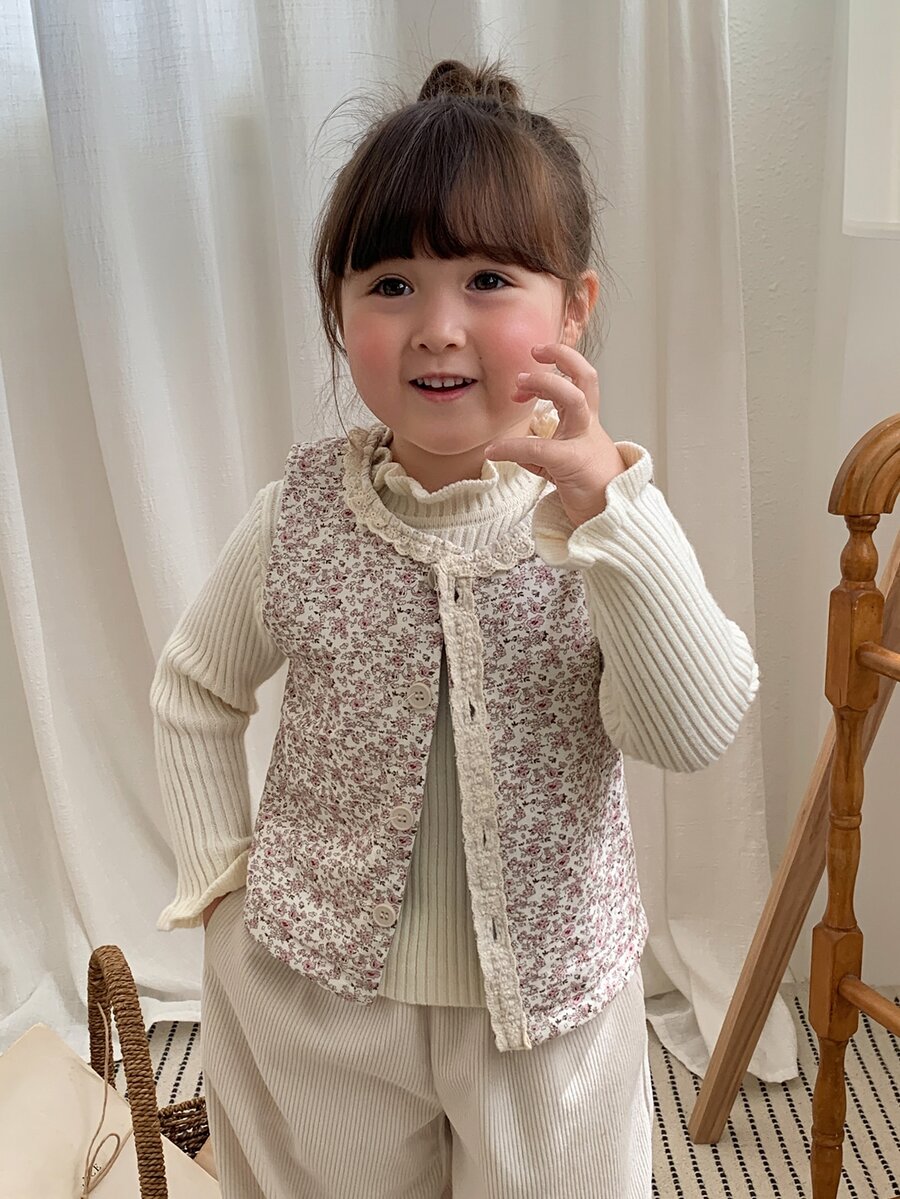 DAZY Infant Girl Floral Print Casual Layering Versatile Autumn/Winter Top - Beige - View 1