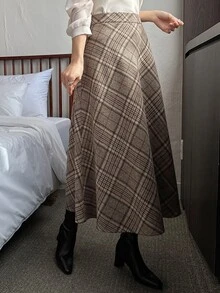 Dazy Tall Women's Plaid Elegant A-Line Long Skirt Fall - Khaki - View 3