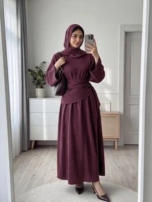 Solavon Women's Solid Color Round Neck Flared Sleeve Ruched Waist Elegant Modest Long Dress Everyday Bday Burgundy Autumn - Burgundy - View 13