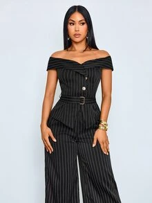 SOLERSUN Women's Off Shoulder Striped Suit High Waist Wide Leg Pants Two Pieces SetPerfect Vacations And Parties - Black - View 4