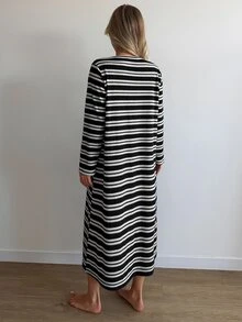 Livesso Women's Striped Colorblock Casual Daily Home Loungewear Dress - Black - View 2