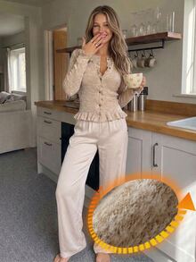 Livesso Women's Solid Color Long Sleeve Top And Pants Casual Daily Loungewear Set - Apricot - View 6