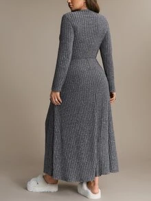Freevana Ribbed Knit Two Pieces Set With Long Slit Tunic And Stretch Leggings, Cozy Loungewear-To-Streetwear - Dark Grey - View 2