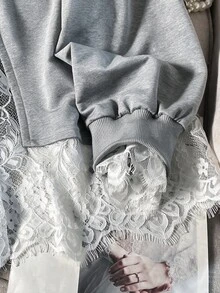 Lacomfia 女款 2 合 1 長袖蕾絲拼接休閒百搭大尺碼衛衣 - 灰色 - 查看 5