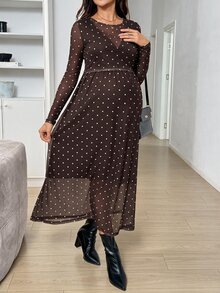 SHEIN 孕婦 1件波點印花哺乳洋裝 秋季 - 棕色 - 查看 6