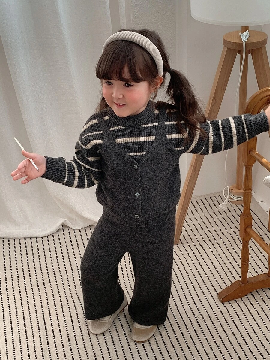 DAZY Infant Girl Round Neck 2 In 1 Korean Style Striped Long Sleeve Sweater Set - Grey - View 1