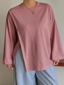 Dazy Plus Small Round Neck Solid Color Casual Versatile Side Slit Design Long Sleeve White Spring Summer Autumn T-Shirt - Pink - View 5