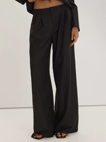 MUSEYN Black Woven Epaulette Detail Wide Leg Trousers Versatile Everyday Casual Fall - Black - View 2