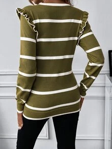 SHEIN 孕婦條紋圓領長袖拼接荷葉邊休閒毛衣 - 綠色 - 查看 2