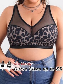 SHEIN CURVE+ Plus Size leopardmönstrad transparent mesh-insert tröjtopp utan bygel med rundad form, sommar/strandsemester - Multifärgad - Visa 1