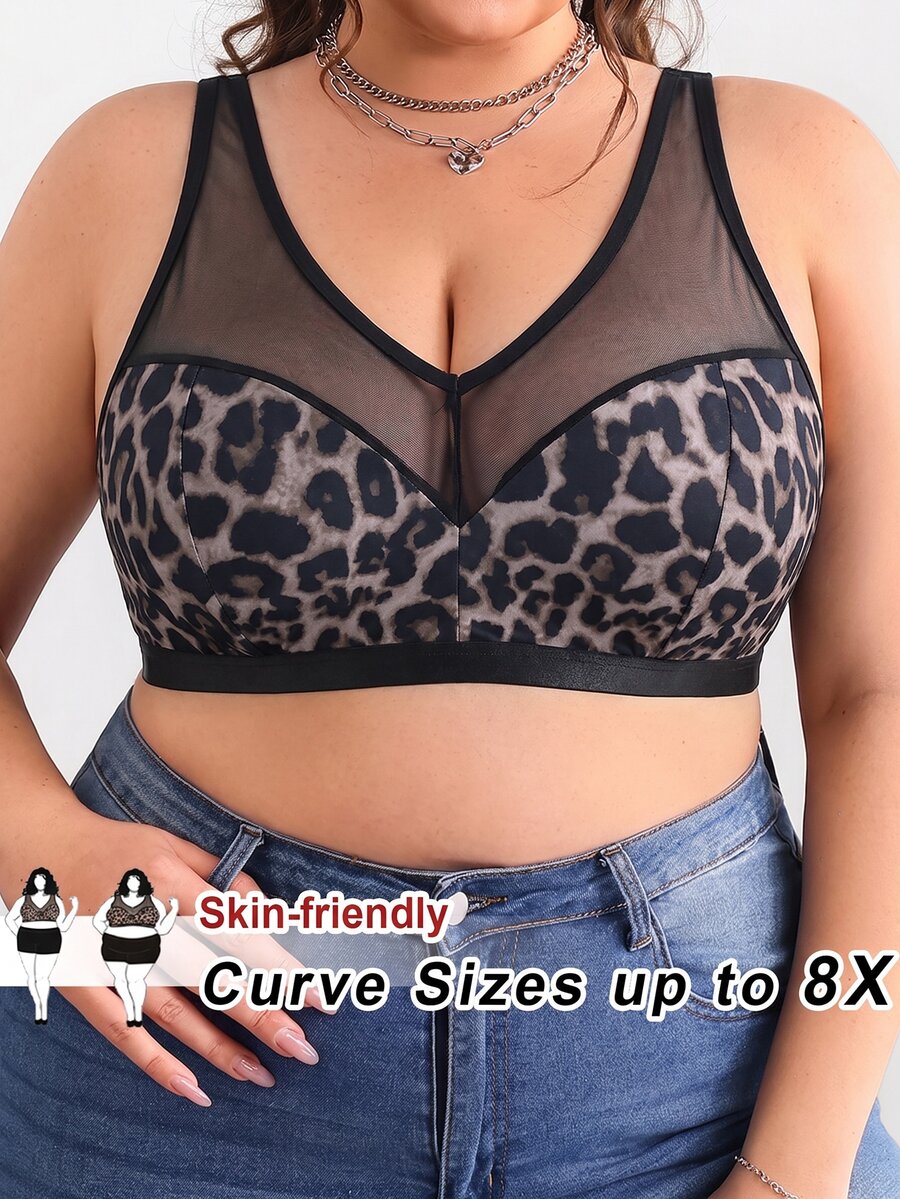 SHEIN CURVE+ Plus Size leopardmönstrad transparent mesh-insert tröjtopp utan bygel med rundad form, sommar/strandsemester - Multifärgad - Visa 1