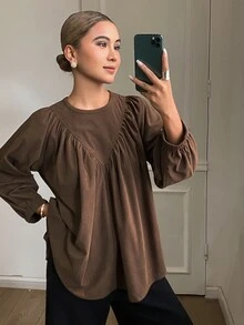 Dazy Tall Blus Wanita Warna Polos Longgar Leher Bulat Lengan Tiga Perempat Bahan Korduroi Berkerut Kasual untuk Liburan Musim Semi Musim Gugur - Coklat - View 4