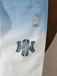 SHEIN 2件組幼兒男童衛衣+長褲，可愛藍白漸層破洞貼布繡，長袖圓領休閒戶外秋季針織衫，節日款羅紋袖口 - 白色 - 查看 7