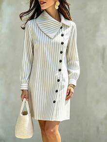 LUMIGAL Women's Autumn New Casual Striped Button Front Short & Long Sleeve Dress - Black and White - View 5