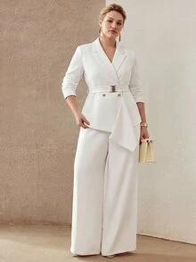MOTF PREMIUM PLUS SIZE WOMEN'S ASYMMETRIC PLACKET MINIMALIST PROFESSIONAL BLAZER, DETACHABLE BELT - White - View 4