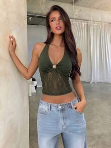 Aloruh 女款夏季性感蕾絲拼接純黑色背心 - 軍綠色 - 查看 8