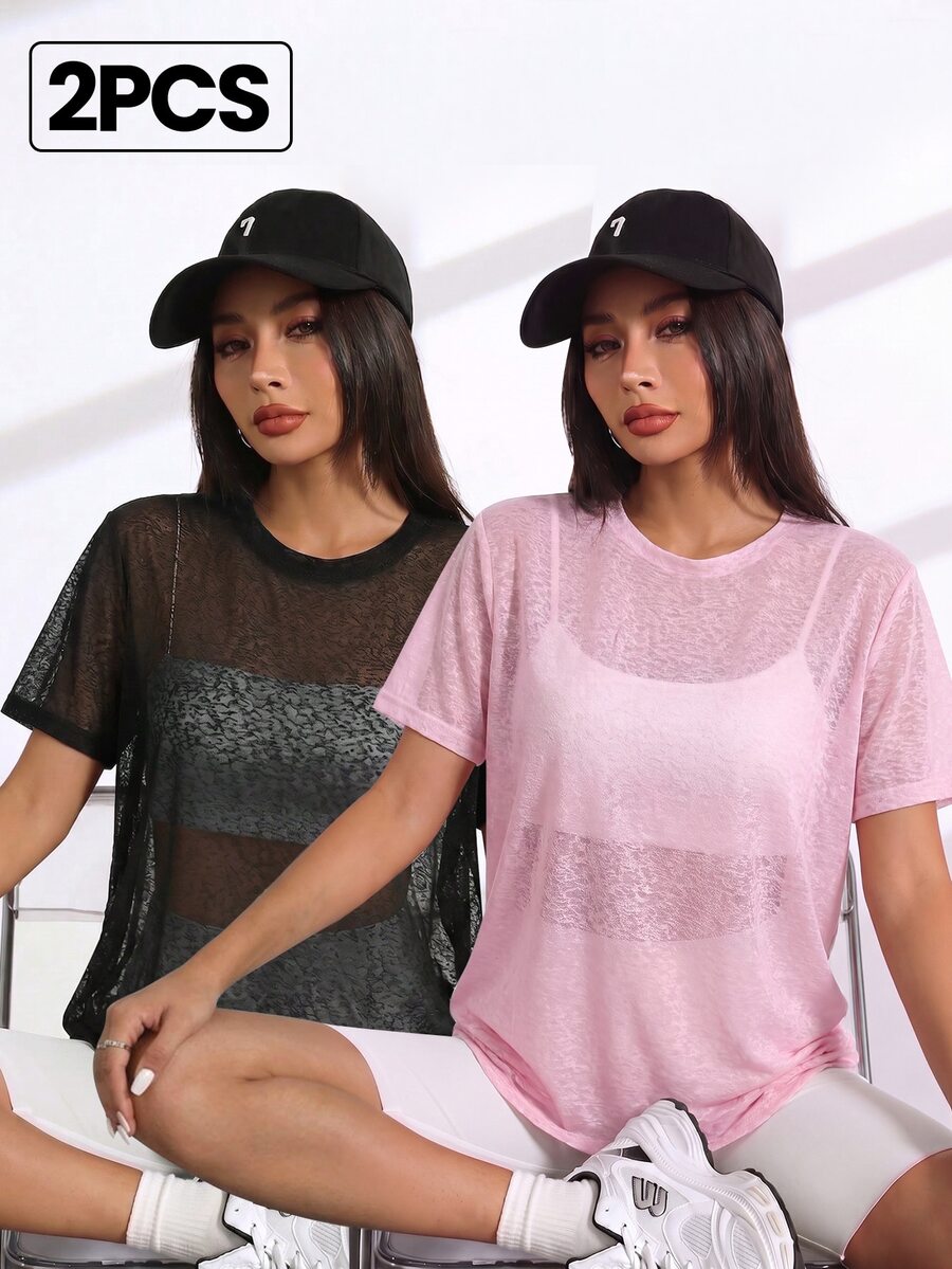 SHEIN Velisys 女款素色圓領短袖休閒健身運動T恤 - 彩色 - 查看 1